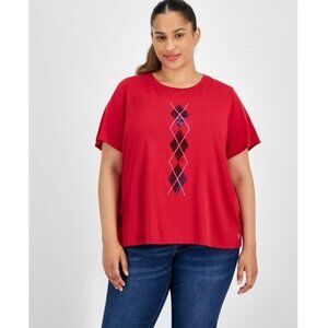 Tommy Hilfiger Womens Embellished Cotton Stretch Graphic T-Shirt Red Size 1X NWT